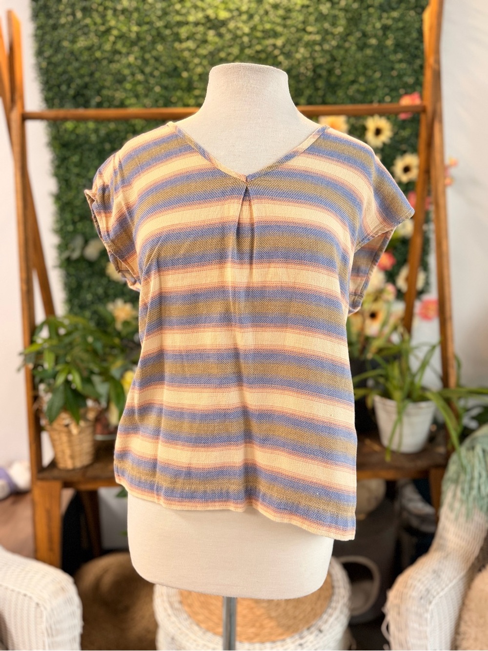 Kavu Striped V-Neck Short Sleeve Top in Lavender & Peachy Beige